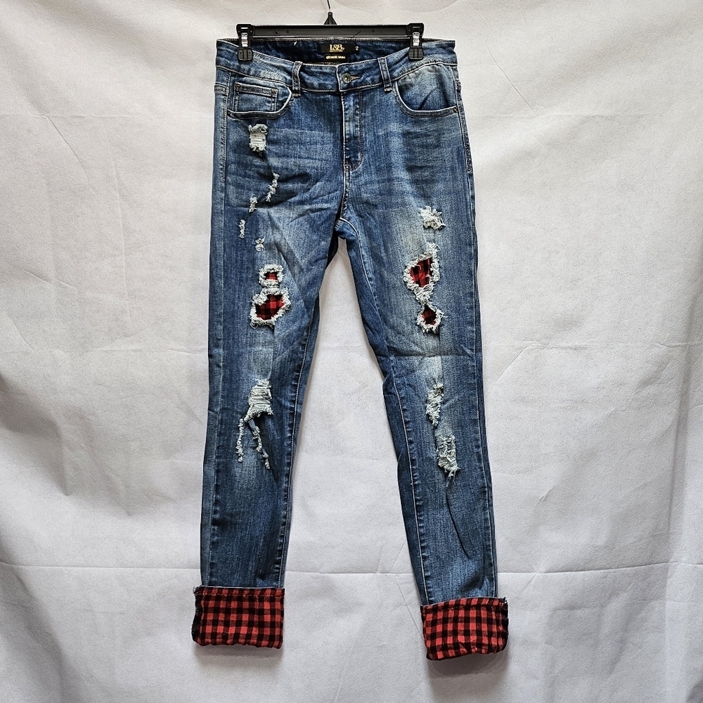 Lucky & Blessed Mid Rise Skinny Rolled Hem Distressed Plaid Patch Jeans Size 12